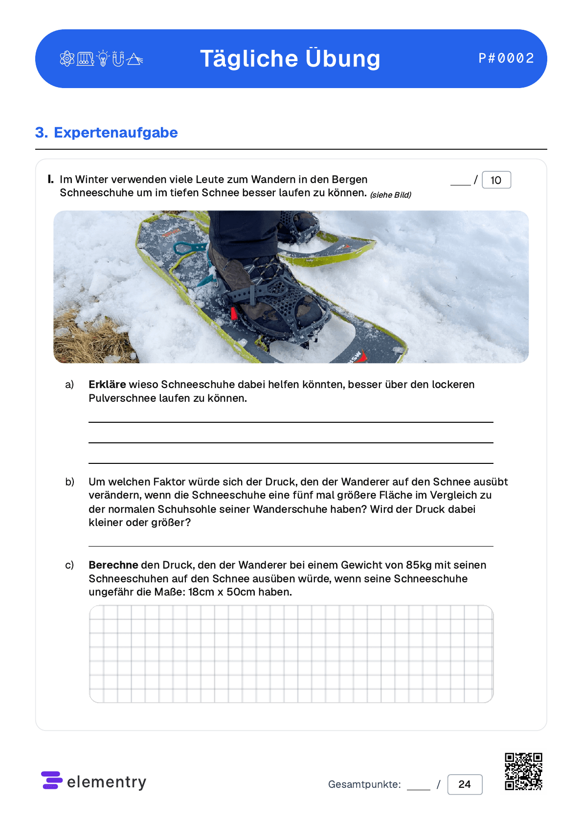 Dritte Seite der Physikübung mit einer Expertenaufgabe zu Schneeschuhen