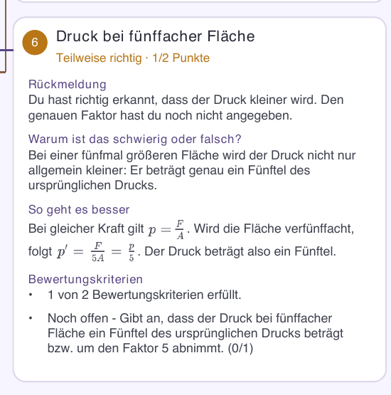 Vergrößertes Korrekturfeedback zur Aufgabe Druck bei fünffacher Fläche aus derselben vollständigen Korrekturseite