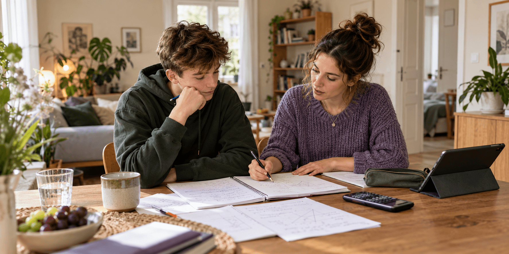 Ein Schüler und seine Nachhilfelehrerin arbeiten bei ihm zu Hause gemeinsam an Mathematikaufgaben