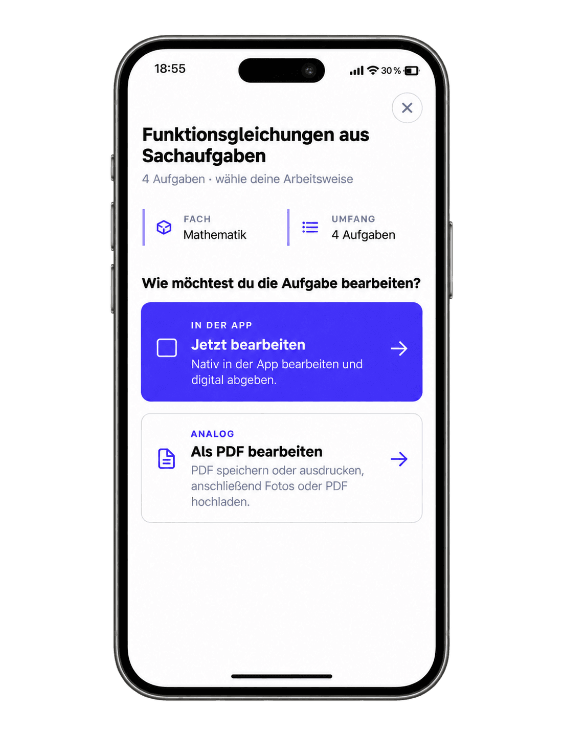 Dieselbe Auswahl zwischen App und PDF auf einem Smartphone